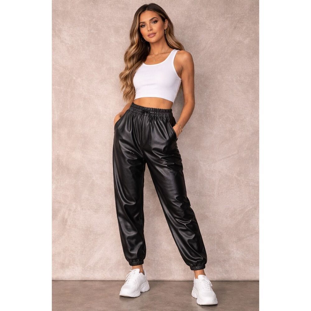 Abercrombie & Fitch Black Pleather Pull On  Taper Pants Size XL (W36) #765